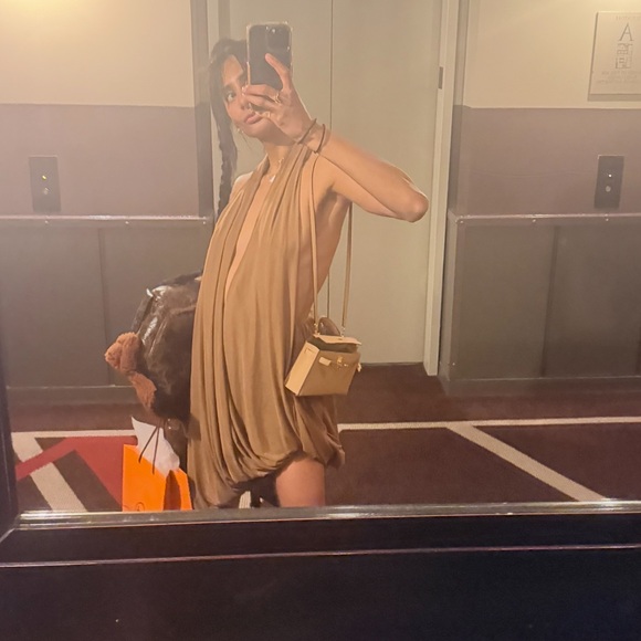 KOIR Stunning draped halter midi evening dress olive brown - Picture 2 of 7